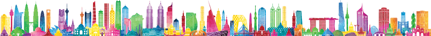 A colorful drawing of a skyline
