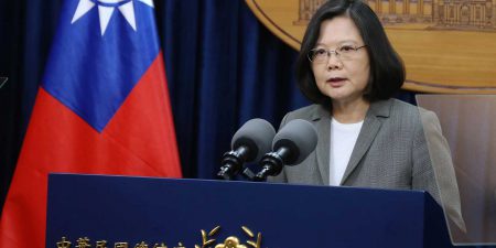 Taiwan’s President, Tsai Ing-wen standing at a podium