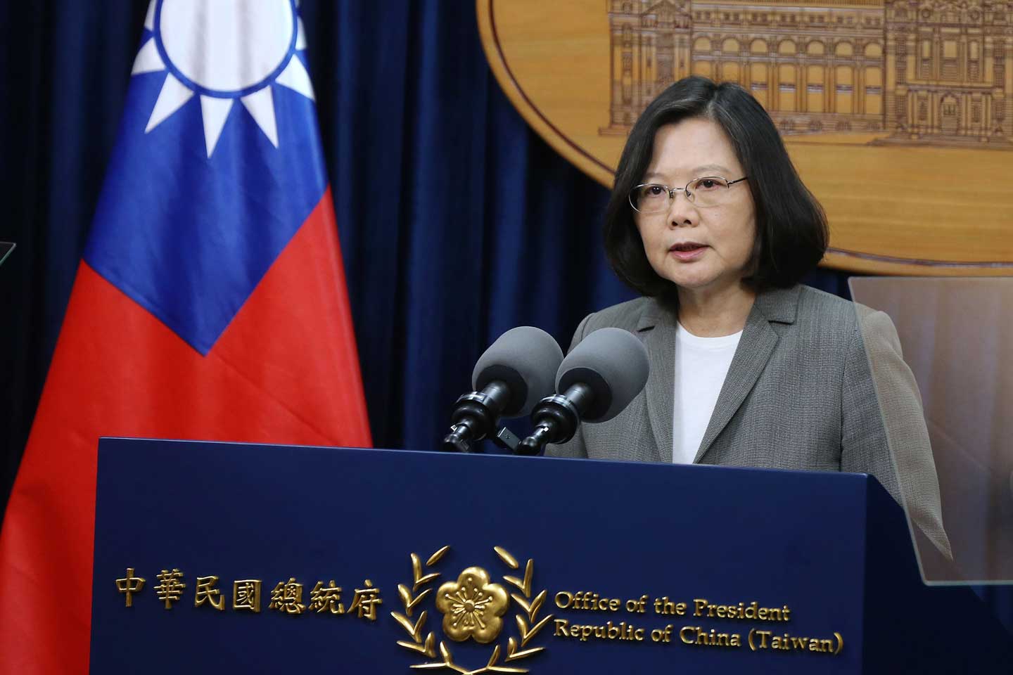 Taiwan’s President, Tsai Ing-wen standing at a podium