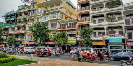 A busy street in Preah Sisowath Quay in Phnom Penh, Cambodia
