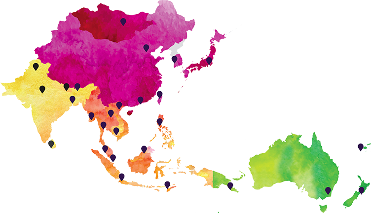 A colorful map of Asian and Pacific nations