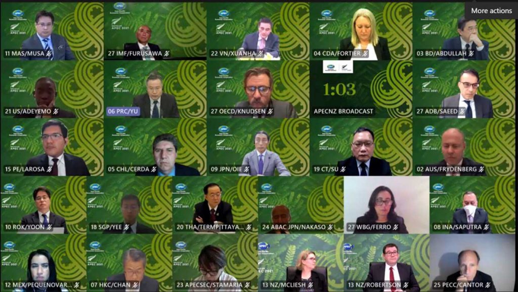 A screenshot from APEC’s first-of-its-kind informal retreat on 16 July 2021 focused on COVID-19