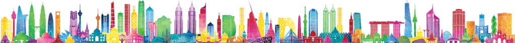 An artists rendering of a skyline using many bright, cheerful colors