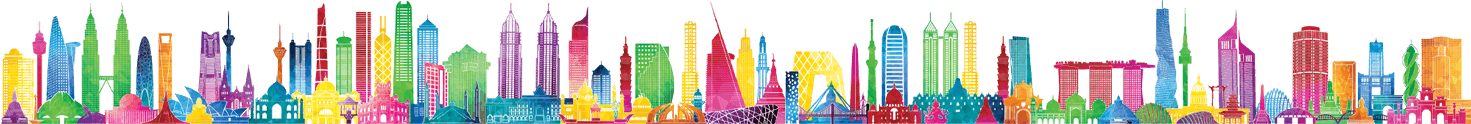 An artists rendering of a skyline using many bright, cheerful colors