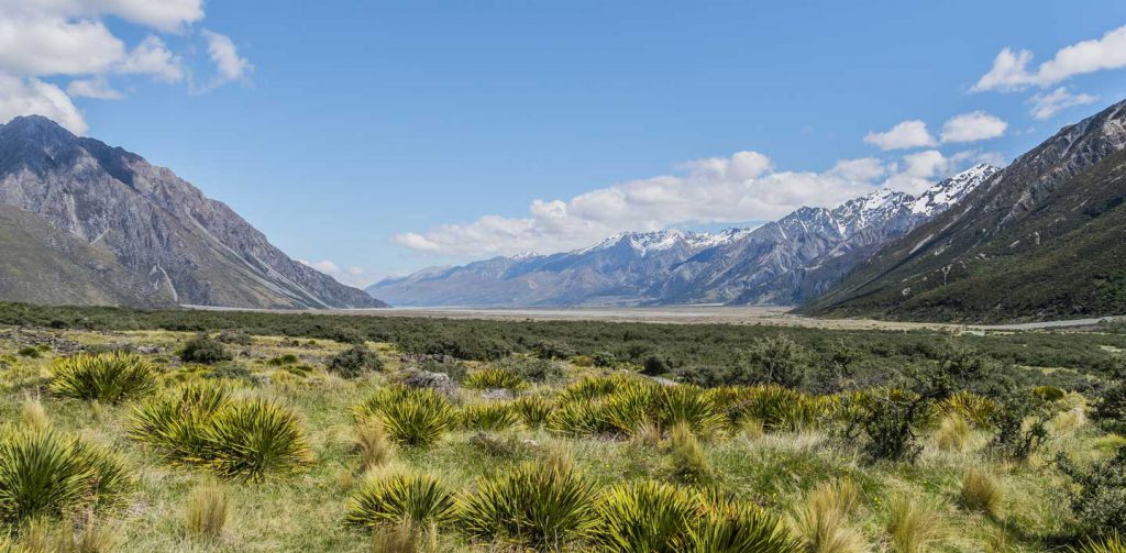 Beautiful scenery with grass, mountains, and clear sky from Valley of Tasman River, New Zealand