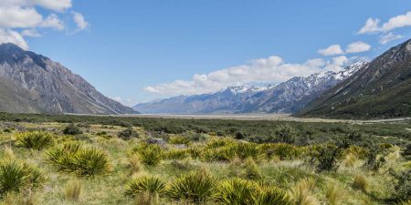 Beautiful scenery with grass, mountains, and clear sky from Valley of Tasman River, New Zealand