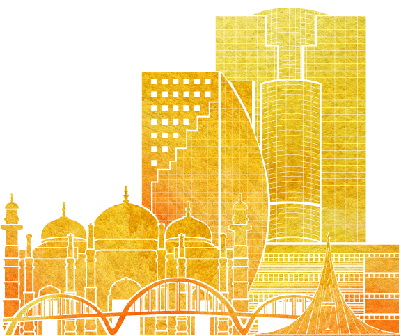 A colorful drawing of a Bangladesh skyline