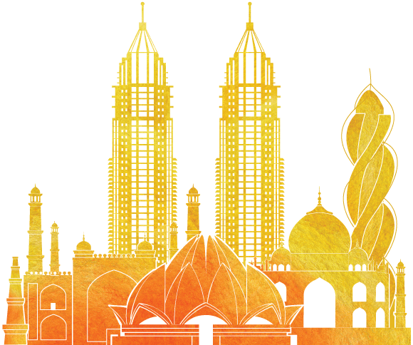 A colorful drawing of an Indian skyline