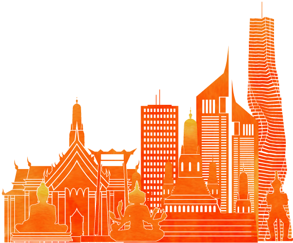 A colorful drawing of a Thailand skyline