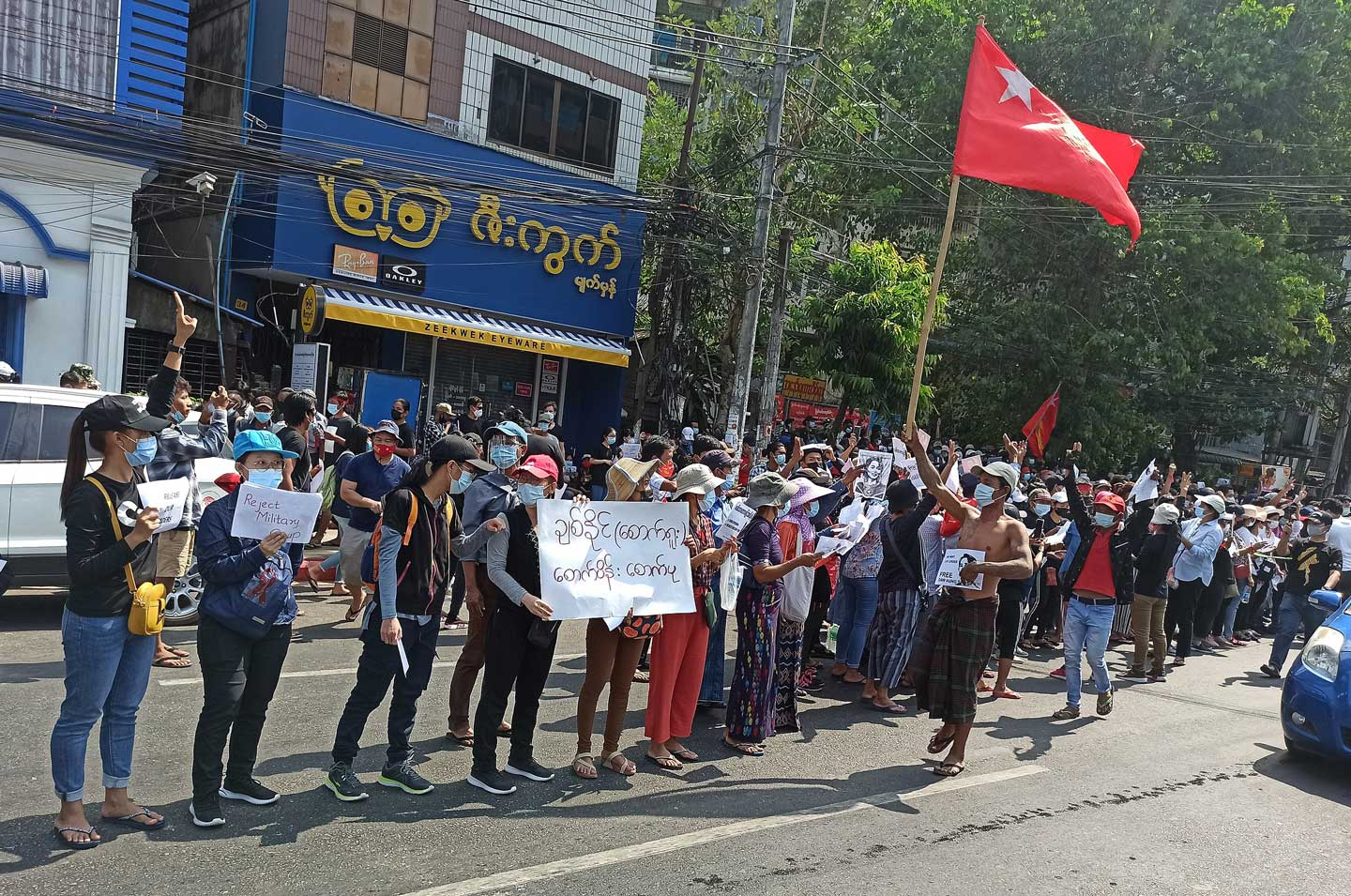 Protesters in the street against the coup in Yangon