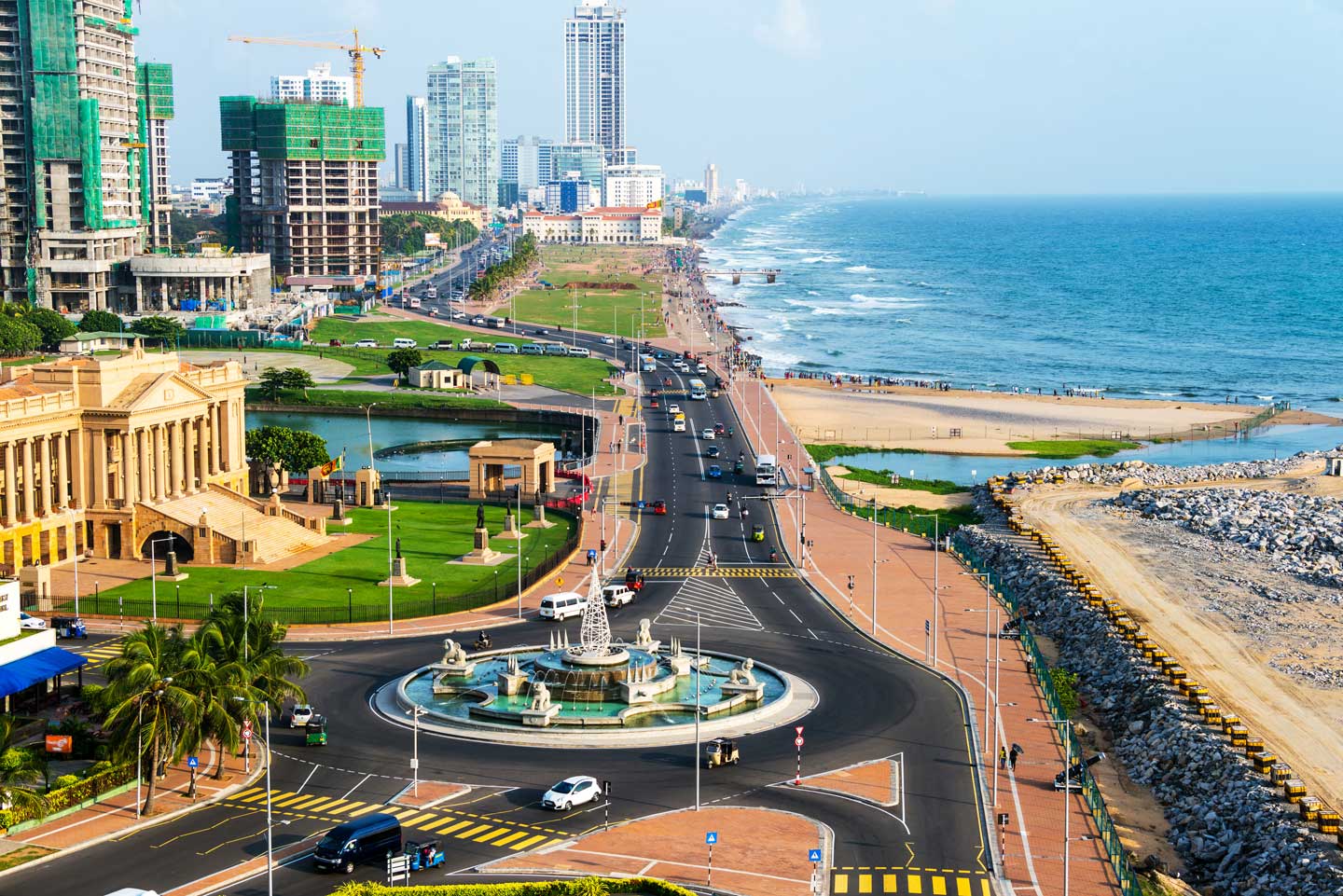A roundabout and skyline overlooking the sea in Colombo, Sri Lanka