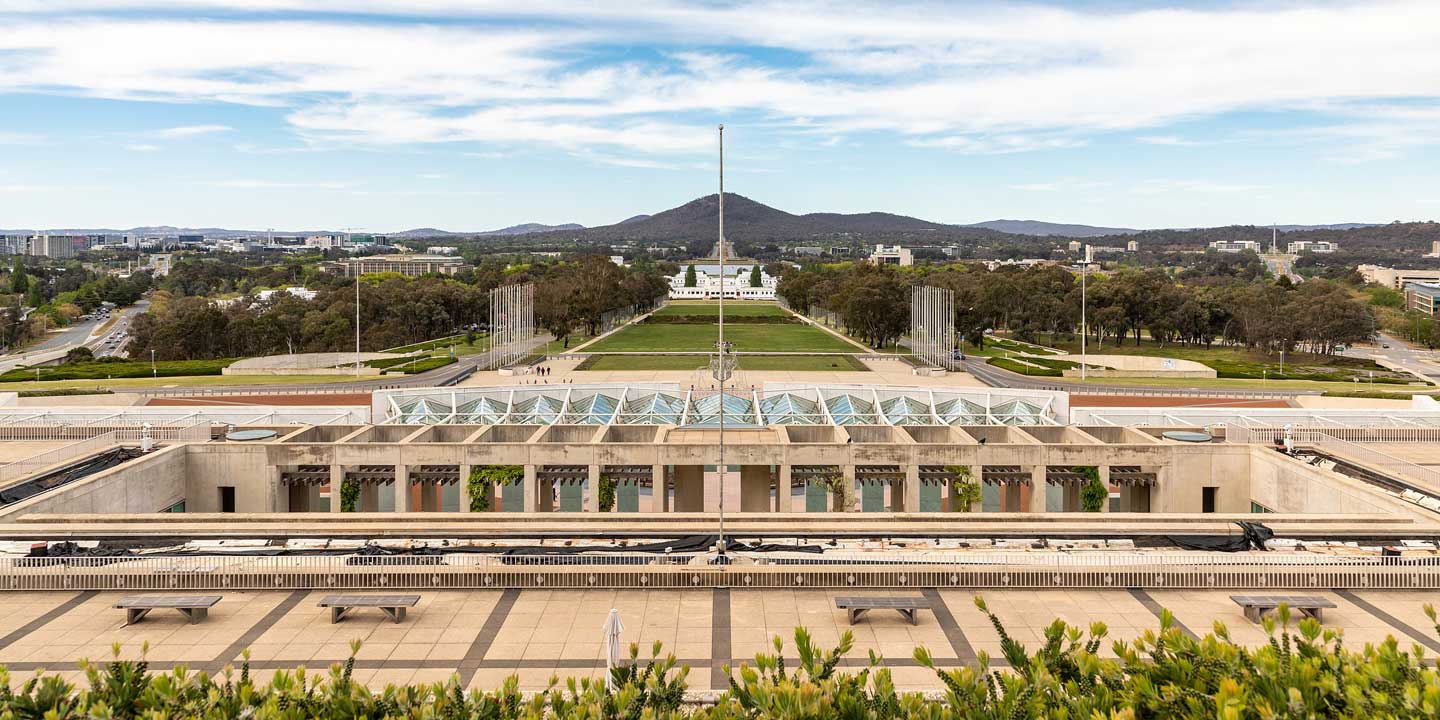 Parliament House (foreground) and Old Parliament House (background), Canberra, Australian Capital Territory, Australia (2019)