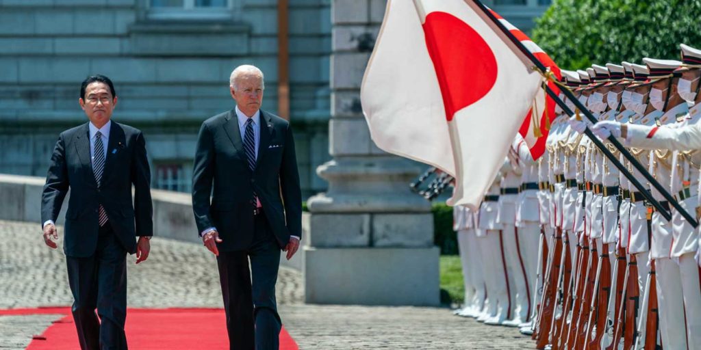 Joe Biden walking with Fumio Kishida